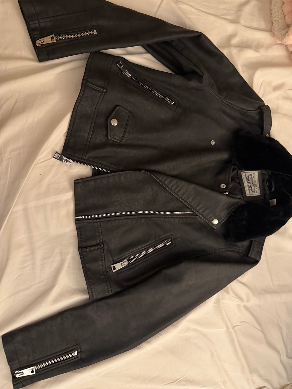 Signature by Levi Strauss Black Faux Leather Moto Jacket with Shearling Collar